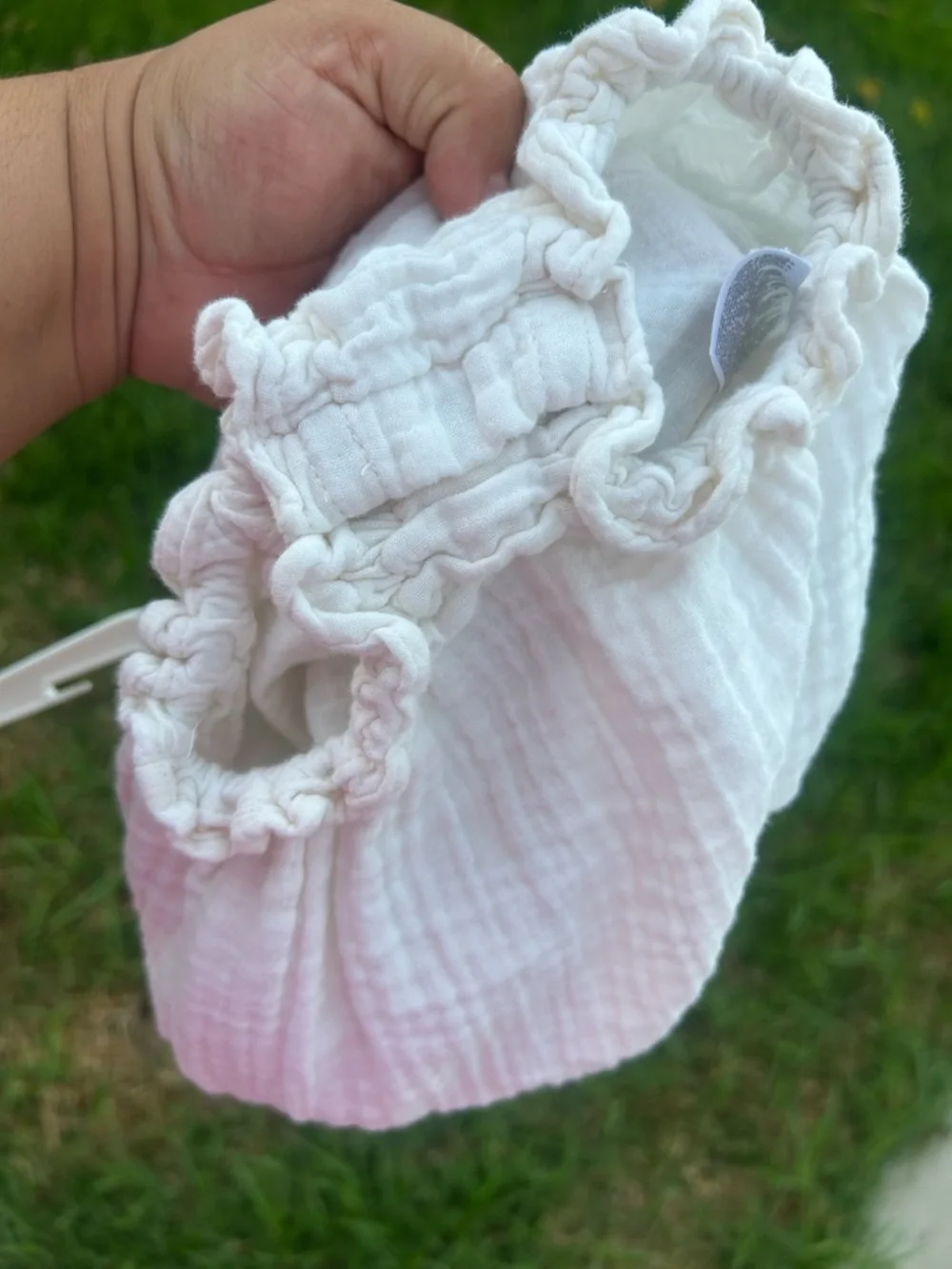 Old Navy White Baby Romper with Black and Cream Crochet Trim